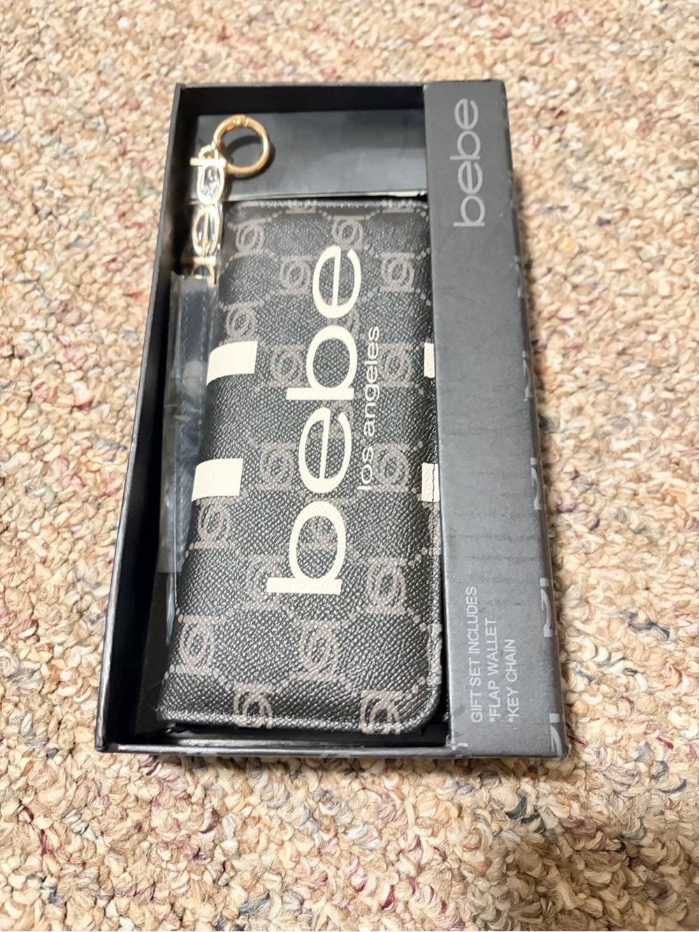 bebe Black Logo Flap Wallet Wristlet & Key Chain Set